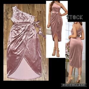 Merokeety women’s dress large one shoulder pink ruche velvet stretch belt tulip